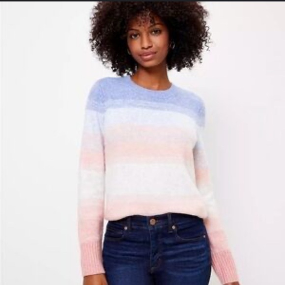 LOFT wool Blend Ombré Stripe Crewneck Sweater Purple Pink White size S - Picture 1 of 7